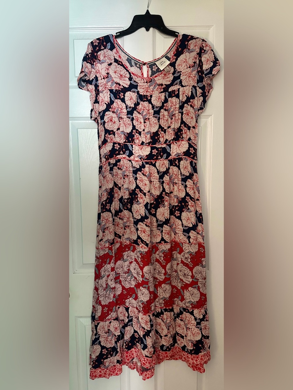 Knox Rose Navy and Red Floral Tiered Maxi Skirt